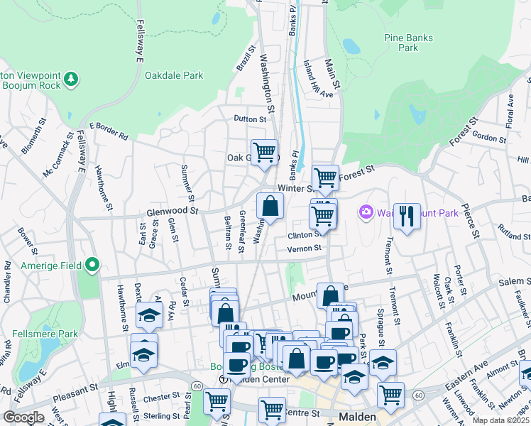 map of restaurants, bars, coffee shops, grocery stores, and more near 71 Clinton Street in Malden
