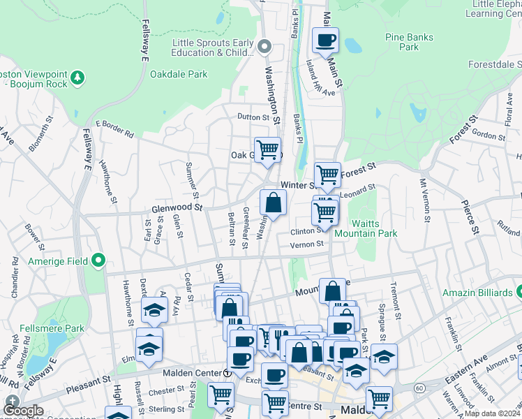 map of restaurants, bars, coffee shops, grocery stores, and more near 71 Clinton Street in Malden