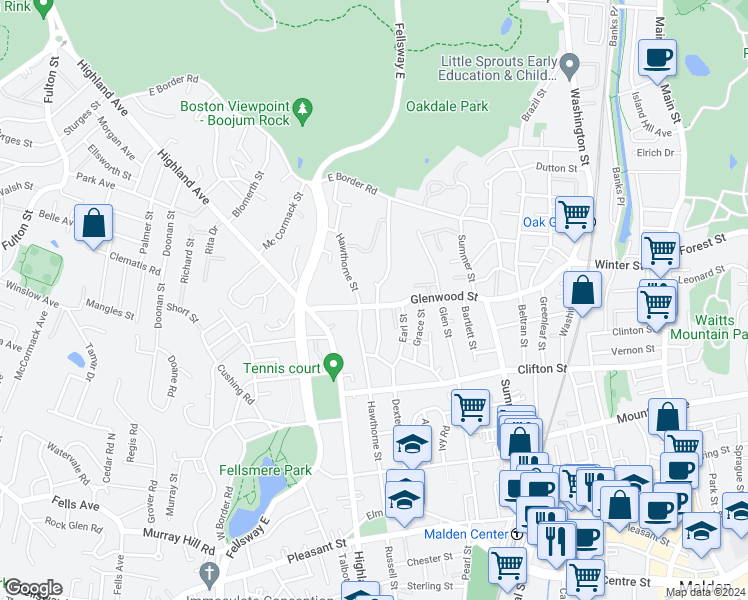 map of restaurants, bars, coffee shops, grocery stores, and more near 32 Woodland Road in Malden