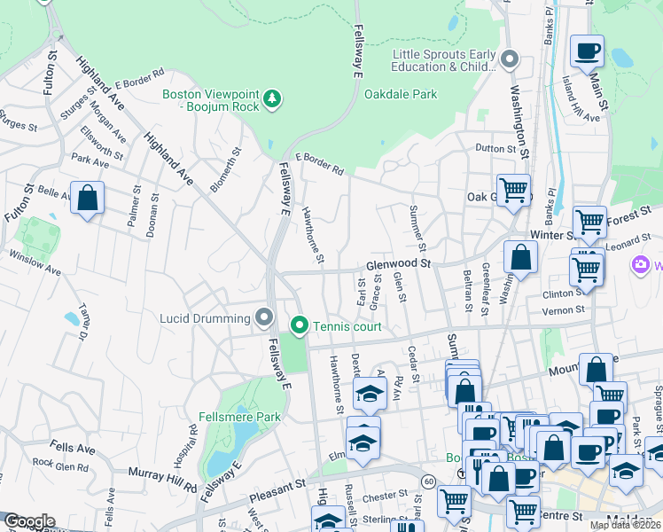 map of restaurants, bars, coffee shops, grocery stores, and more near 32 Woodland Road in Malden