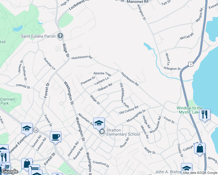 map of restaurants, bars, coffee shops, grocery stores, and more near 20 Foxmeadow Lane in Arlington