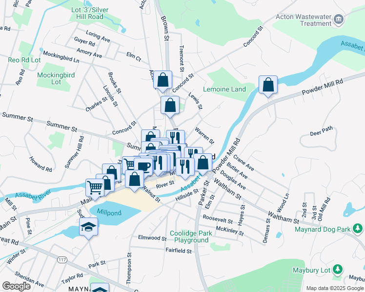 map of restaurants, bars, coffee shops, grocery stores, and more near 9A B Summer Street in Maynard