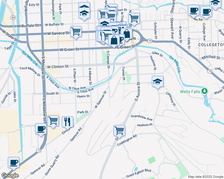map of restaurants, bars, coffee shops, grocery stores, and more near 521 South Cayuga Street in Ithaca