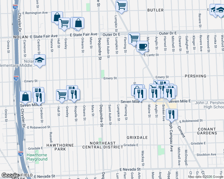 map of restaurants, bars, coffee shops, grocery stores, and more near 19131 Saint Aubin Street in Detroit