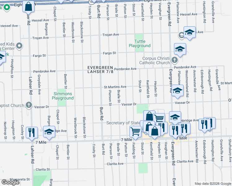 map of restaurants, bars, coffee shops, grocery stores, and more near 19436 Pierson Street in Detroit