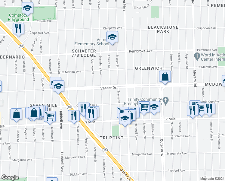 map of restaurants, bars, coffee shops, grocery stores, and more near 13747 Vassar Drive in Detroit