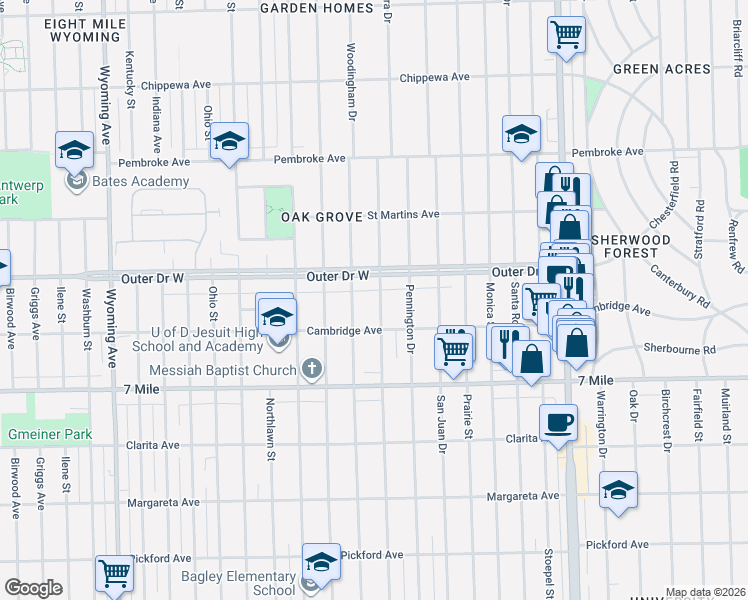 map of restaurants, bars, coffee shops, grocery stores, and more near 19313 Santa Barbara Drive in Detroit