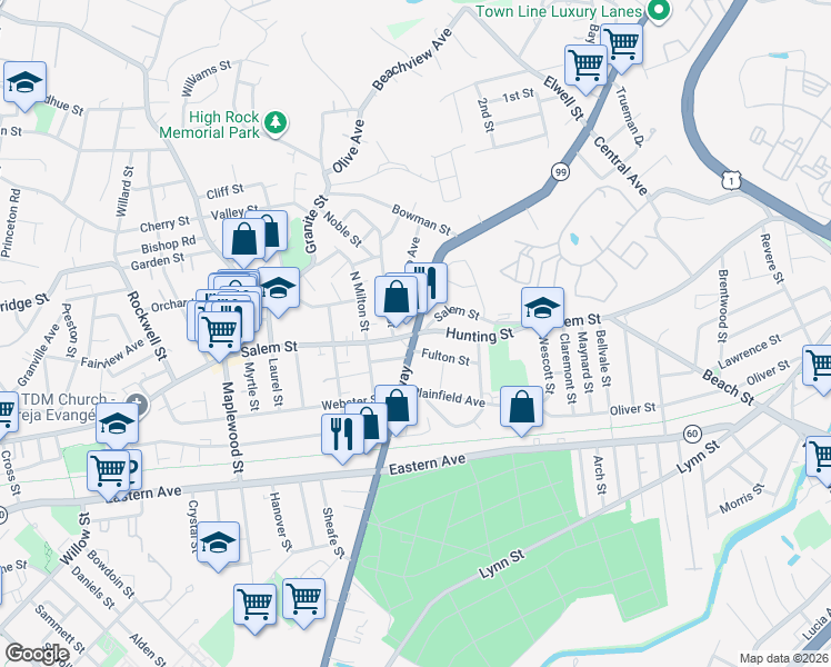 map of restaurants, bars, coffee shops, grocery stores, and more near Broadway & Salem St in Malden
