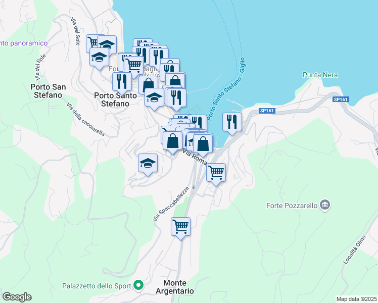 map of restaurants, bars, coffee shops, grocery stores, and more near 22 Via Roma in Porto Santo Stefano