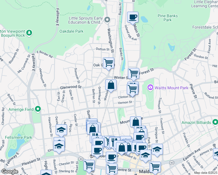 map of restaurants, bars, coffee shops, grocery stores, and more near 71 Clinton Street in Malden