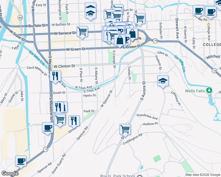 map of restaurants, bars, coffee shops, grocery stores, and more near 210 West Spencer Street in Ithaca