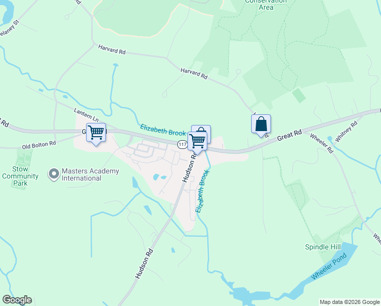map of restaurants, bars, coffee shops, grocery stores, and more near 636 Great Road in Stow