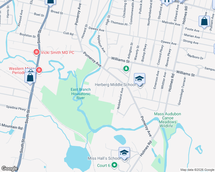 map of restaurants, bars, coffee shops, grocery stores, and more near 31 Kenilworth Street in Pittsfield