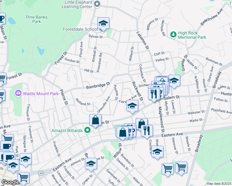 map of restaurants, bars, coffee shops, grocery stores, and more near 22 Preston Street in Malden