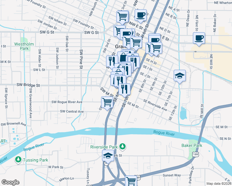 map of restaurants, bars, coffee shops, grocery stores, and more near 700 Southwest 6th Street in Grants Pass