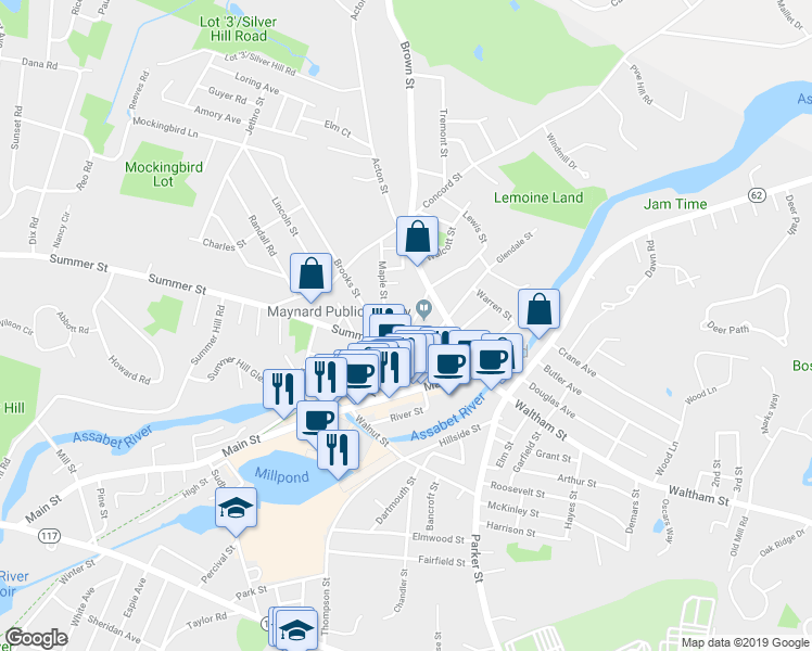 map of restaurants, bars, coffee shops, grocery stores, and more near 72 Nason Street in Maynard