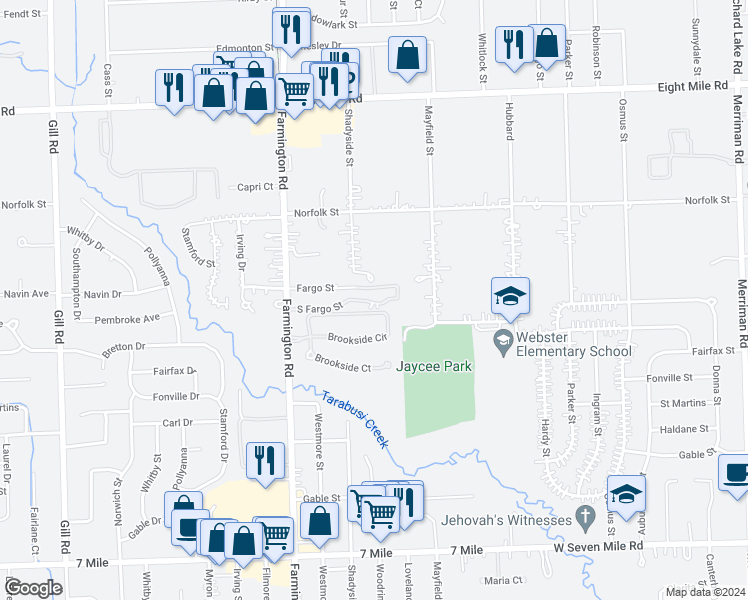 map of restaurants, bars, coffee shops, grocery stores, and more near 33249 Fargo Street in Livonia