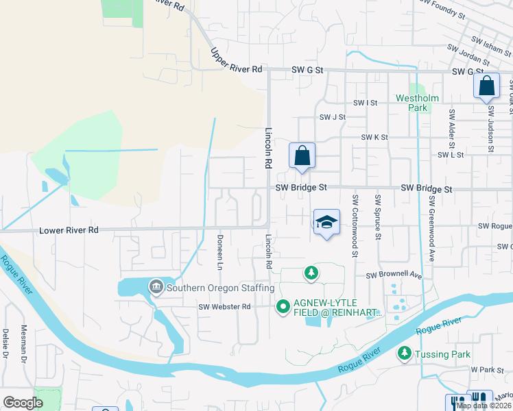 map of restaurants, bars, coffee shops, grocery stores, and more near 668 Lincoln Road in Grants Pass