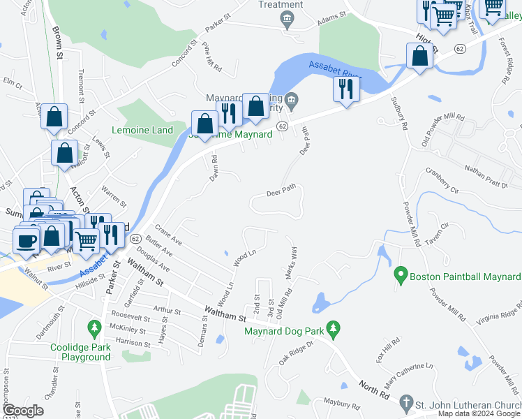 map of restaurants, bars, coffee shops, grocery stores, and more near 24 Deer Path in Maynard