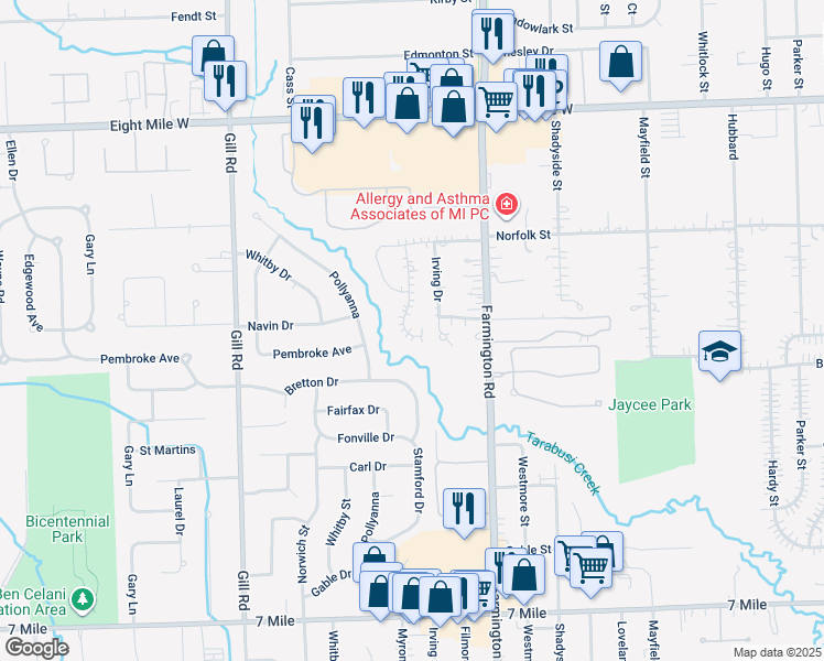 map of restaurants, bars, coffee shops, grocery stores, and more near 20057 Irving Drive in Livonia