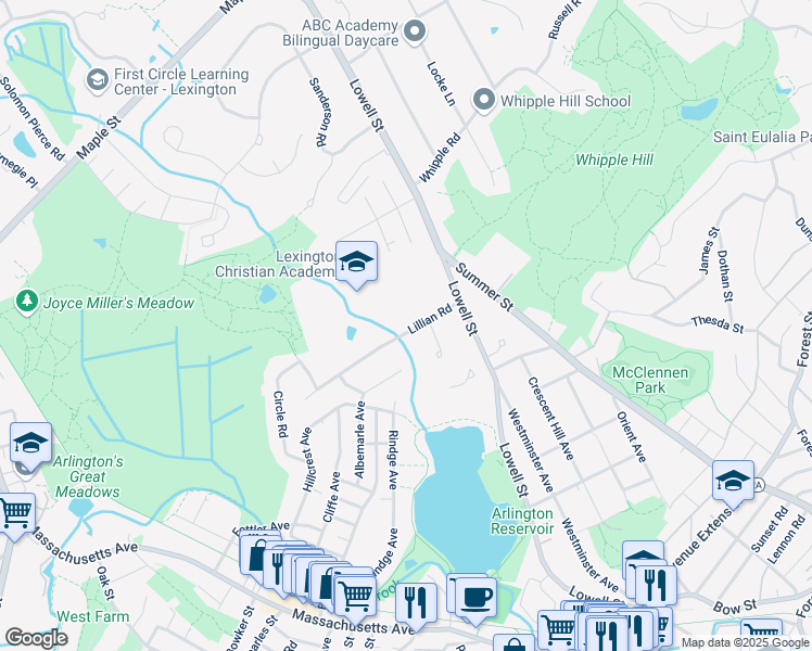 map of restaurants, bars, coffee shops, grocery stores, and more near 9 Lillian Road in Lexington