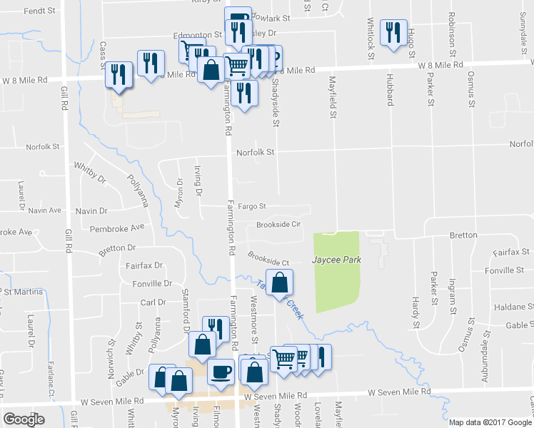 map of restaurants, bars, coffee shops, grocery stores, and more near 33247 Fargo Street in Livonia