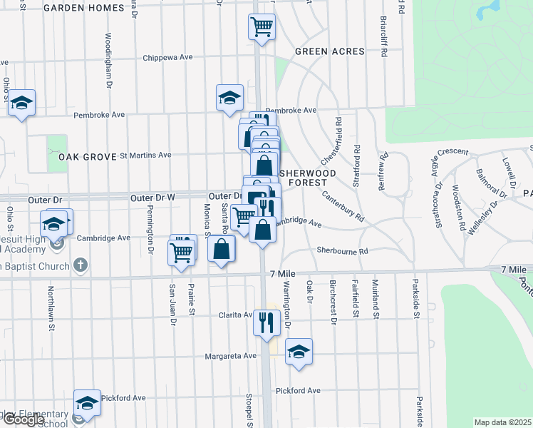 map of restaurants, bars, coffee shops, grocery stores, and more near 19385 Livernois in Detroit