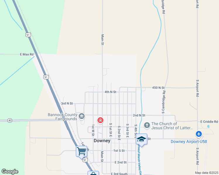 map of restaurants, bars, coffee shops, grocery stores, and more near 415 North 1st East in Downey