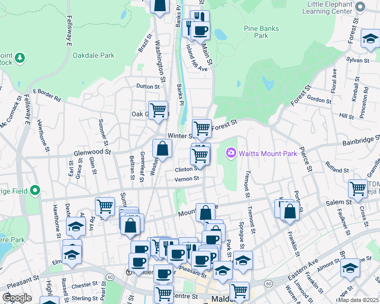 map of restaurants, bars, coffee shops, grocery stores, and more near 17 Woodrow Avenue in Malden