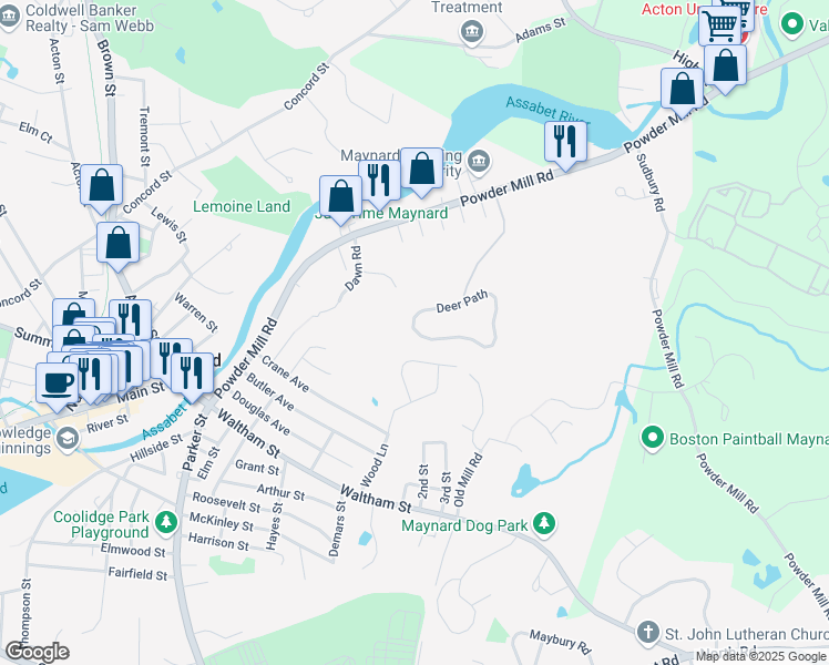 map of restaurants, bars, coffee shops, grocery stores, and more near 2 Deer Path in Maynard