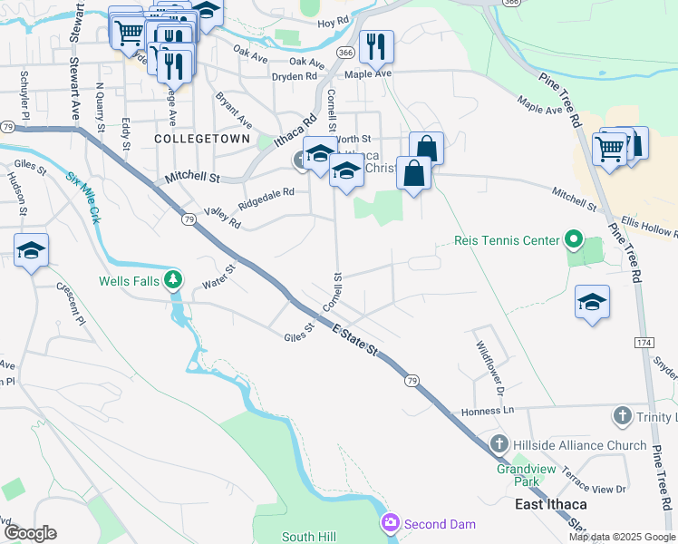 map of restaurants, bars, coffee shops, grocery stores, and more near 36 Cornell St in Ithaca