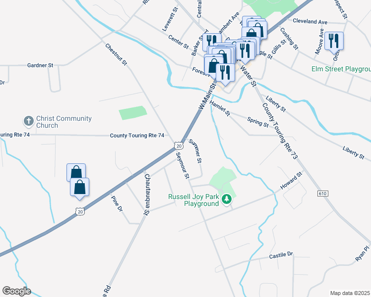 map of restaurants, bars, coffee shops, grocery stores, and more near 12 Summer Street in Fredonia