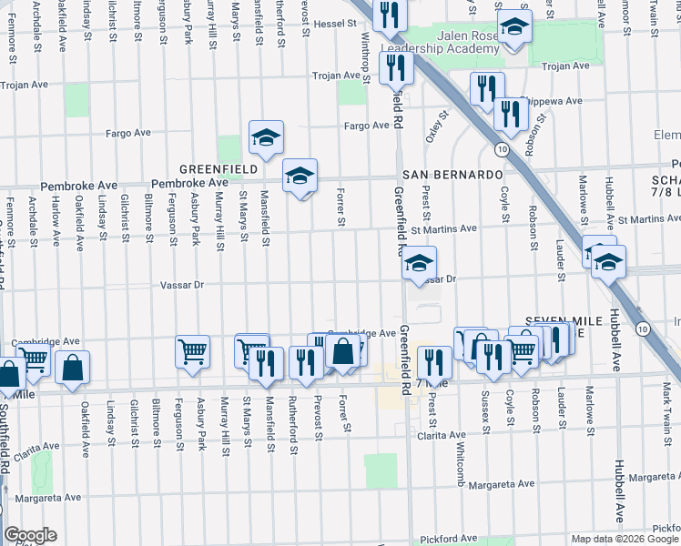 map of restaurants, bars, coffee shops, grocery stores, and more near 19471 Forrer Street in Detroit