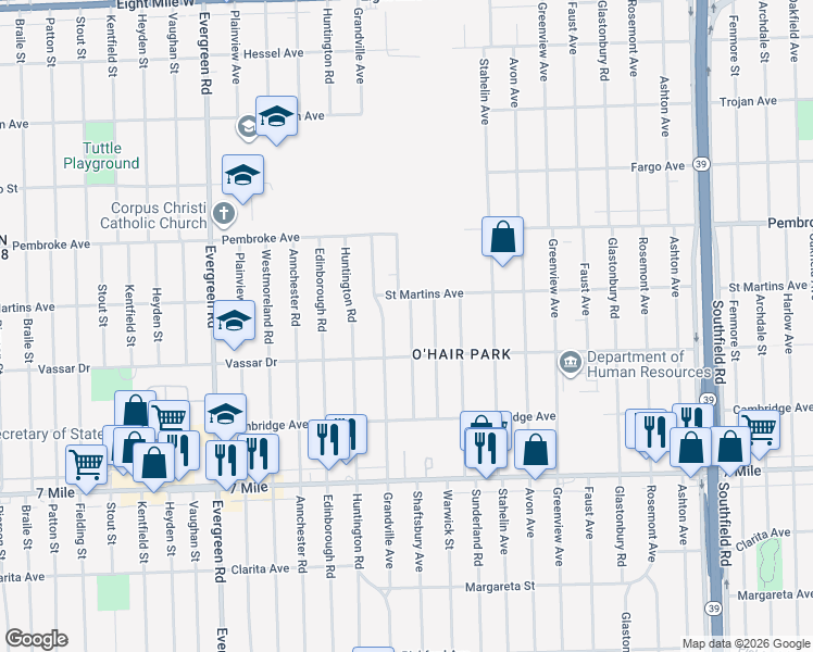 map of restaurants, bars, coffee shops, grocery stores, and more near 19510 Grandville Avenue in Detroit