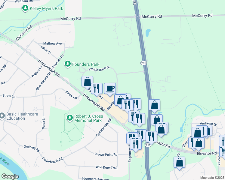 map of restaurants, bars, coffee shops, grocery stores, and more near 12014 Baneberry Drive in Roscoe