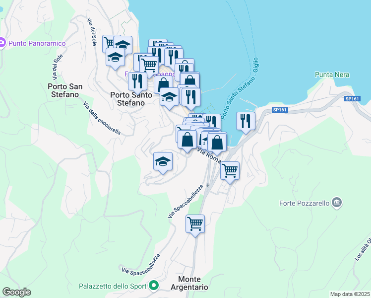 map of restaurants, bars, coffee shops, grocery stores, and more near 43 Via Panoramica in Porto Santo Stefano