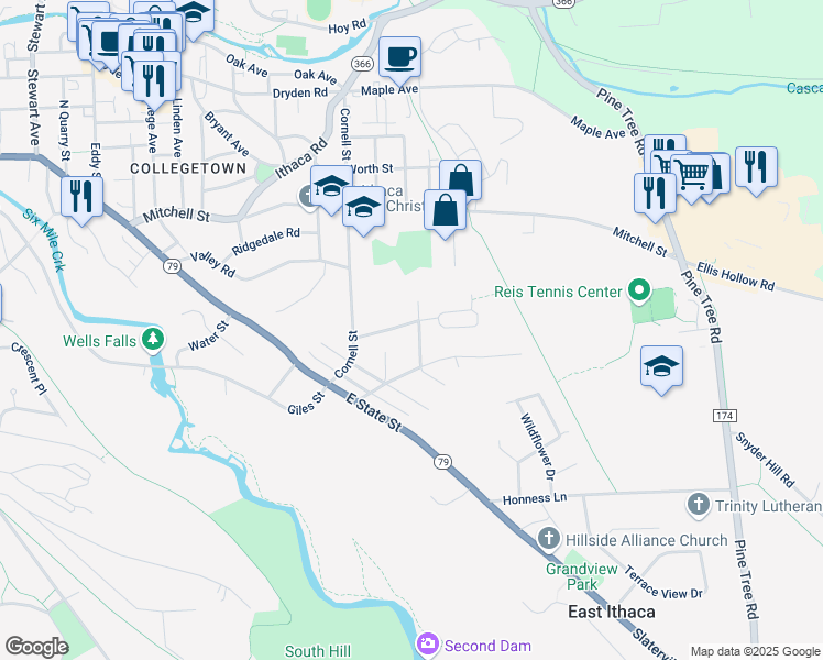 map of restaurants, bars, coffee shops, grocery stores, and more near 105 Homestead Terrace in Ithaca