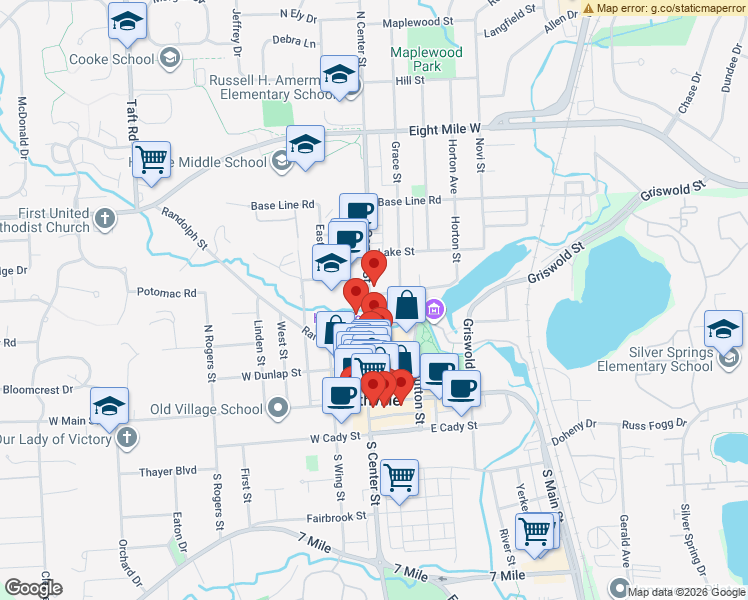 map of restaurants, bars, coffee shops, grocery stores, and more near 443 Grace Street in Northville