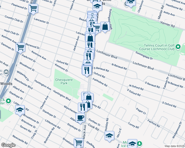 map of restaurants, bars, coffee shops, grocery stores, and more near 20176 Mack Avenue in Grosse Pointe Woods