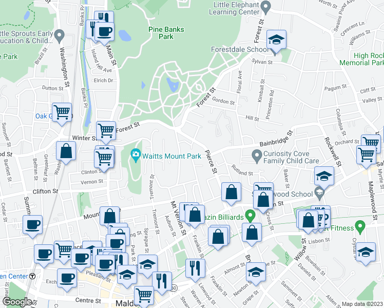 map of restaurants, bars, coffee shops, grocery stores, and more near 323 Bainbridge Street in Malden
