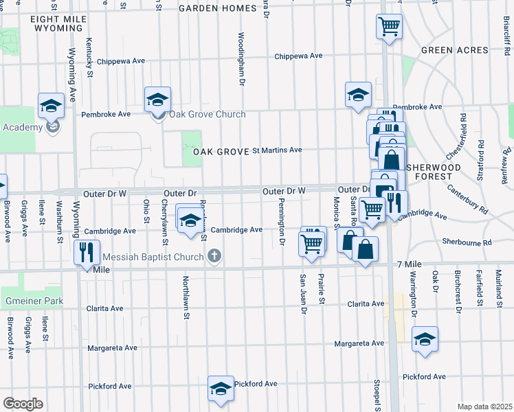 map of restaurants, bars, coffee shops, grocery stores, and more near 3303 Outer Drive West in Detroit