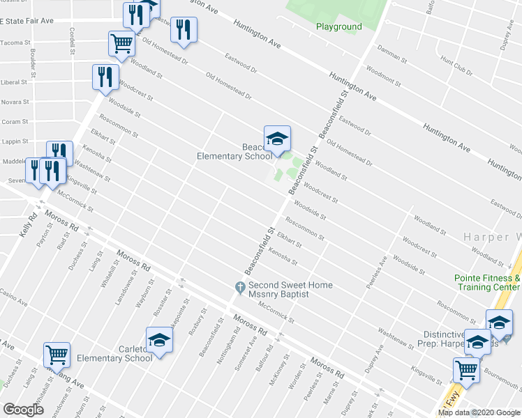 map of restaurants, bars, coffee shops, grocery stores, and more near 19428 Roscommon Street in Harper Woods