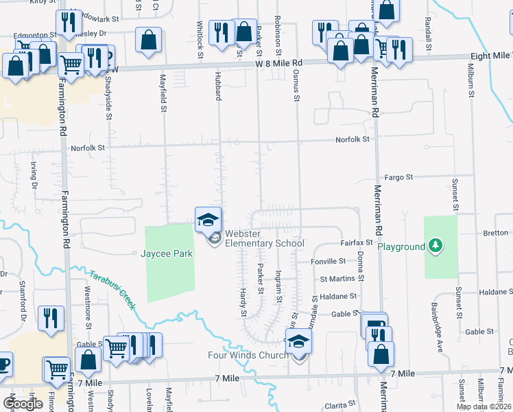 map of restaurants, bars, coffee shops, grocery stores, and more near 20001 Parker Street in Livonia