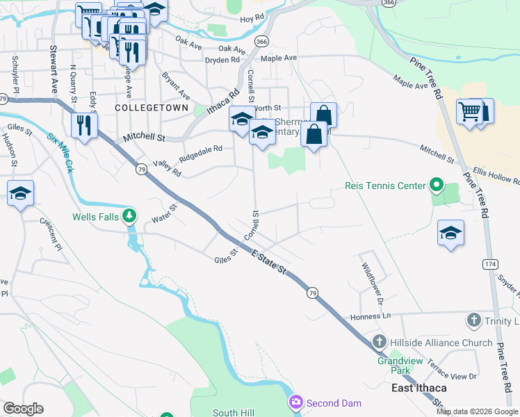 map of restaurants, bars, coffee shops, grocery stores, and more near 36 Cornell St in Ithaca