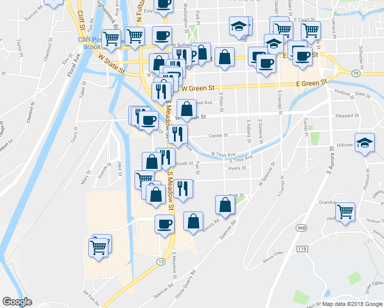 map of restaurants, bars, coffee shops, grocery stores, and more near 501 South Titus Avenue in Ithaca