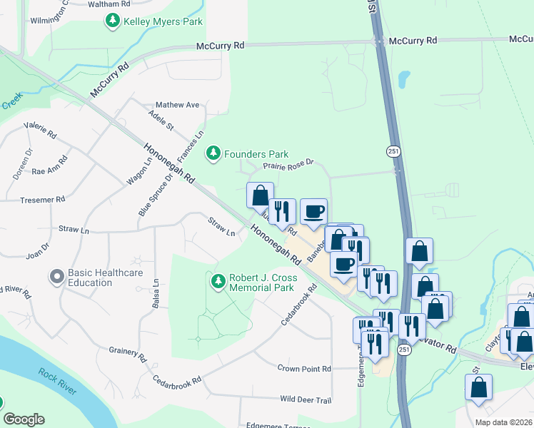 map of restaurants, bars, coffee shops, grocery stores, and more near 4671 Prairie Rose Drive in Roscoe