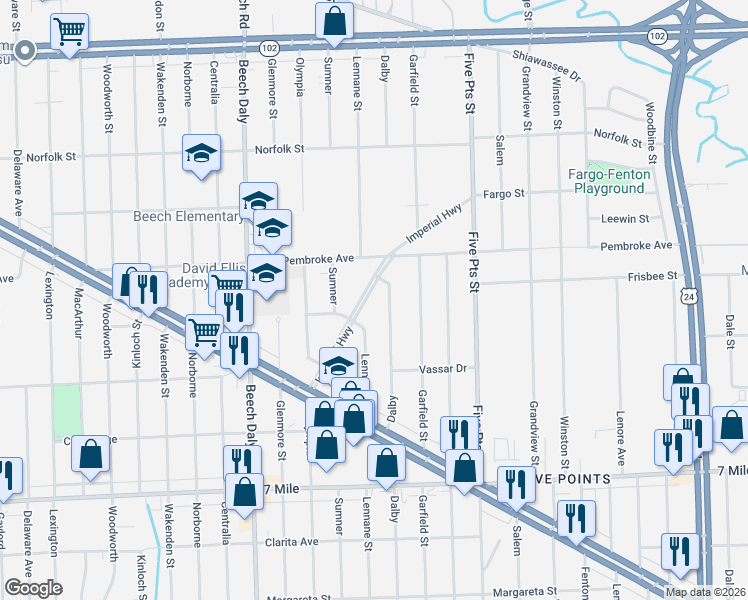map of restaurants, bars, coffee shops, grocery stores, and more near 19787 Imperial Highway in Redford Charter Township