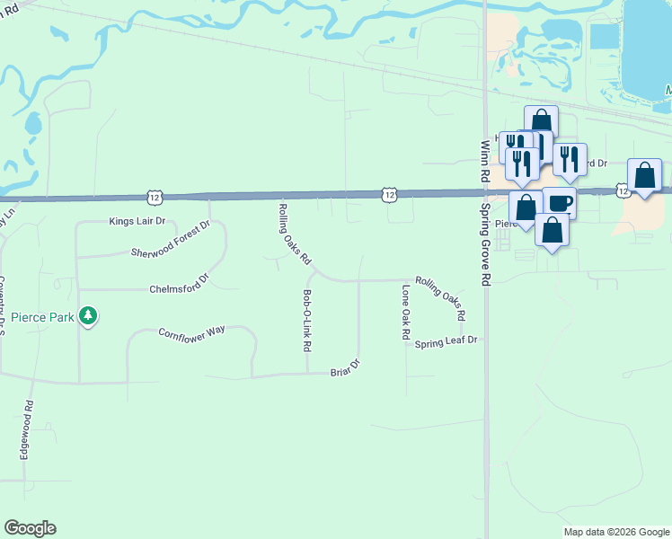 map of restaurants, bars, coffee shops, grocery stores, and more near 7401 Briar Court in Spring Grove