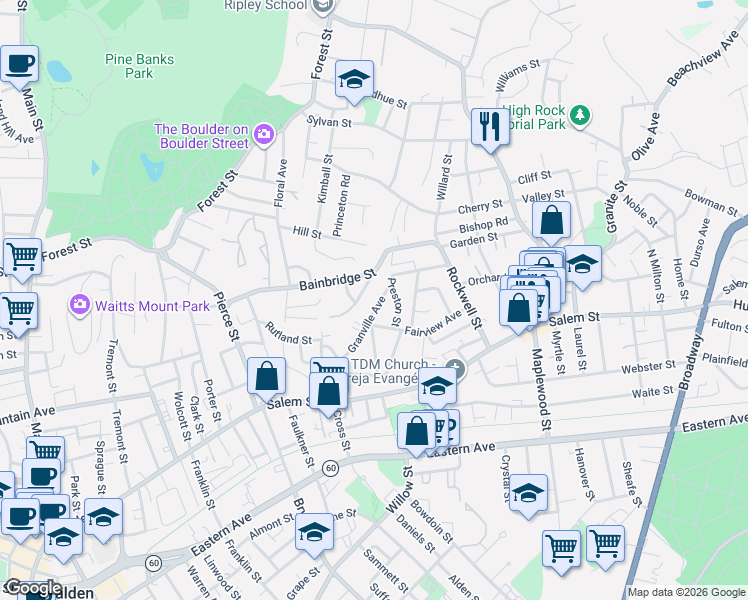map of restaurants, bars, coffee shops, grocery stores, and more near 118 Bainbridge Street in Malden