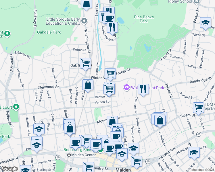 map of restaurants, bars, coffee shops, grocery stores, and more near 17 Woodrow Avenue in Malden